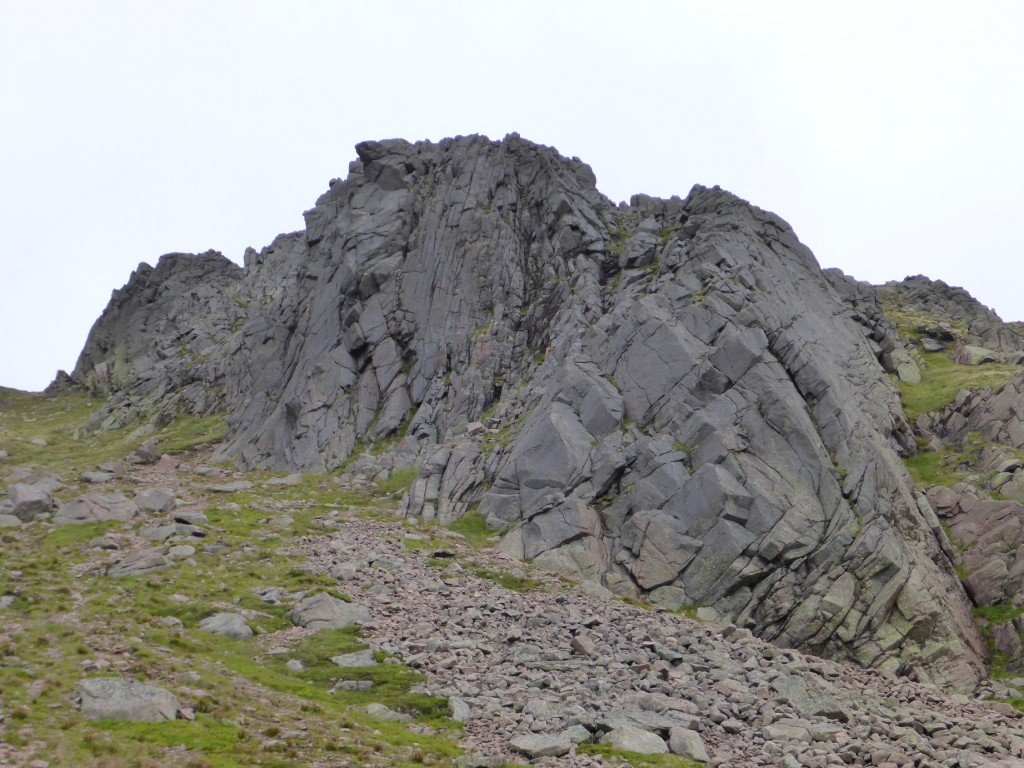 Terminal Buttress goes up the right hand side of this part of the cliff; The Swing goes up the steeper left-hand side.