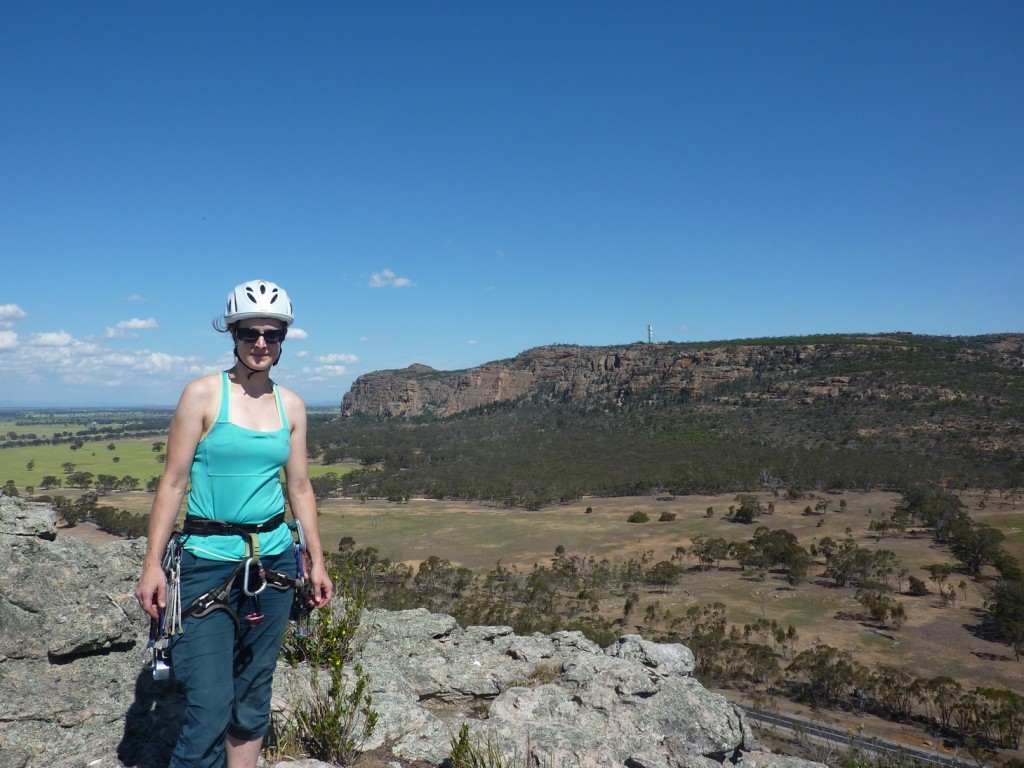 On top of Mitre Rock, with the main Arapiles cliffs in the background