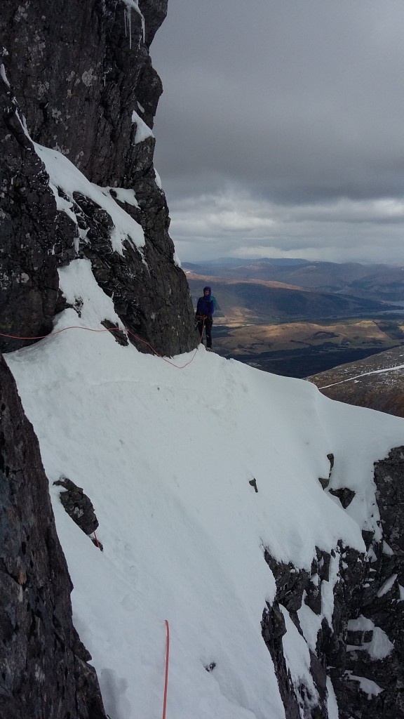 Looking back along the Eastern Traverse to Maria on the belay
