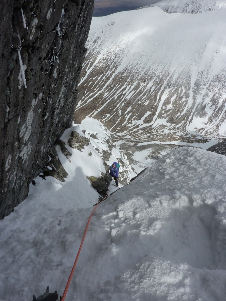 Maria approaching the belay at the end of the Eastern Traverse. After this, we traversed a few more metres before climbing steeply up mixed ground to the top of the Great Tower.