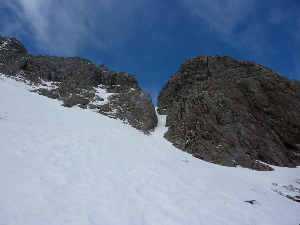 Looking up East Gully towards the Douglas Gap, where the proper climbing begins
