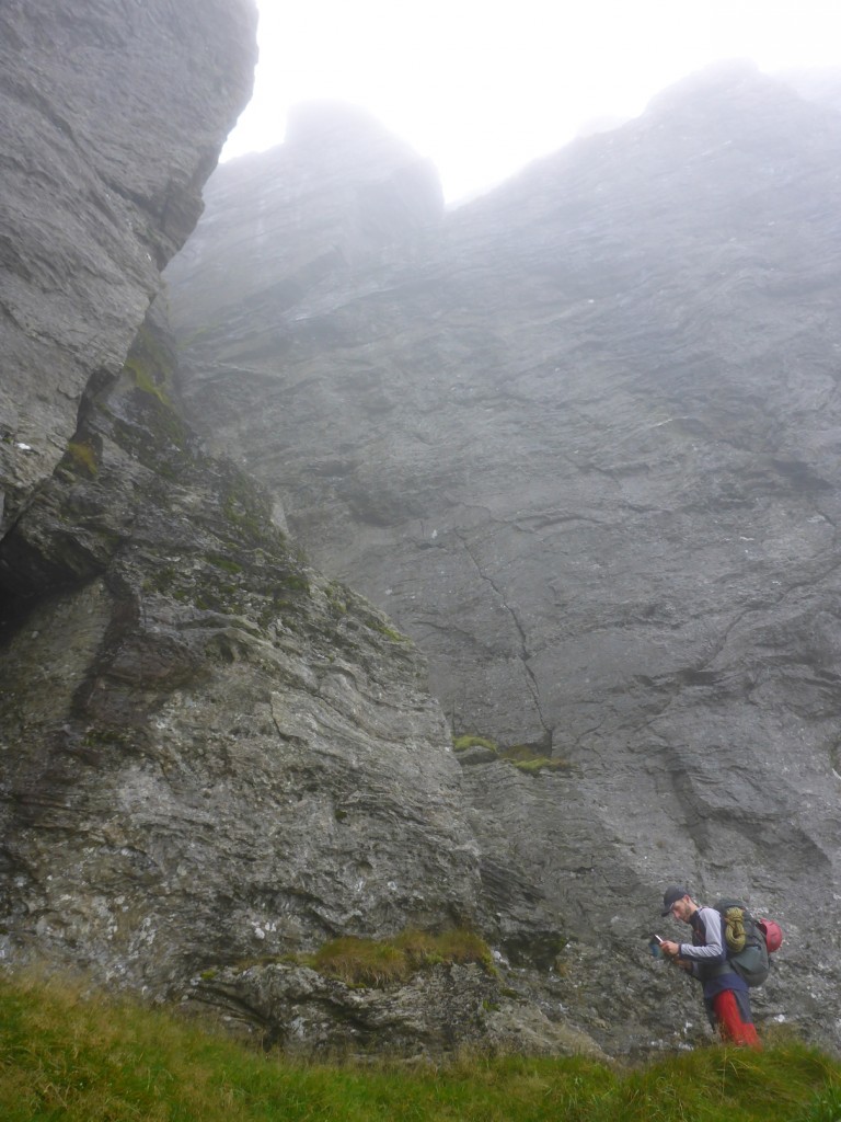 We had intended to do the classic VS linkup of Wether Wall and Whither Wether, but the rock was really quite wet, and we decided to do something a bit easier.  The hill was still in the cloud at this point, so we wandered around in the mist looking for Punster's Crack.