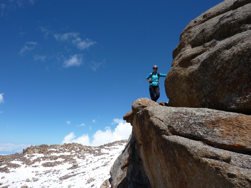 Maria on the SW ridge of Peak 4379. Will, Guy, Maria and I ascended the SW ridge (approx. PD-, mainly on blocky granite with some snow) then descended the WNW ridge (snow & rock, approx. F) back to the col.