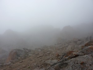 On a bad weather day, I attempted to recce the route onto what became known as Ibex Ridge - a complex ridge about 2.5km long, all above 4000m. This picture was taken from my high point of about 3900m, but there was too much clag to make out the way up to the crest.