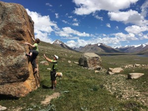 High altitude bouldering! Will, spotted by Misha