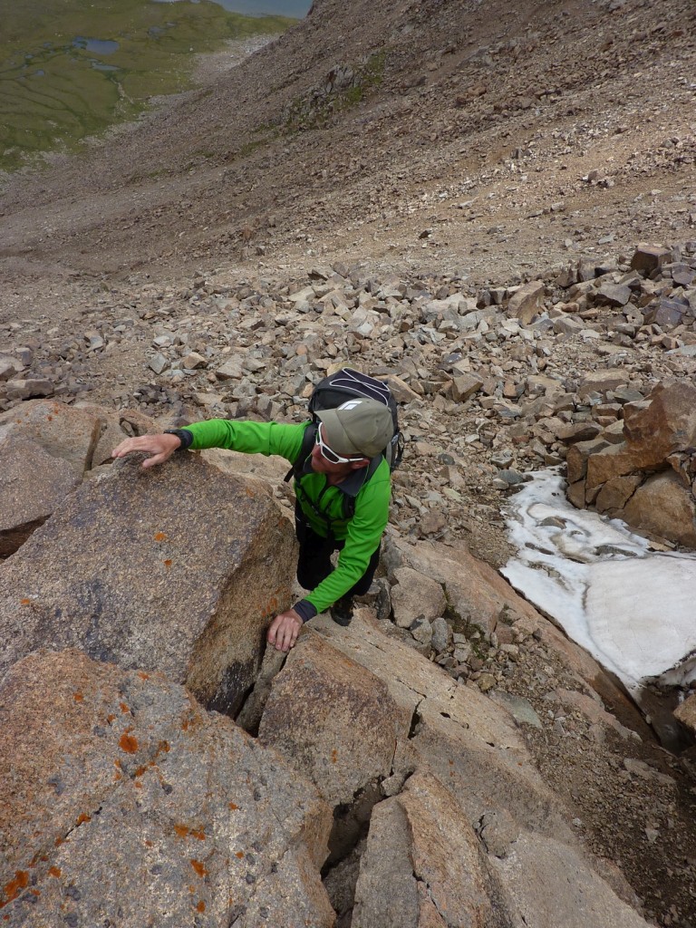 Guy enjoying some optional scrambling on Srnicova Peak (4356m)