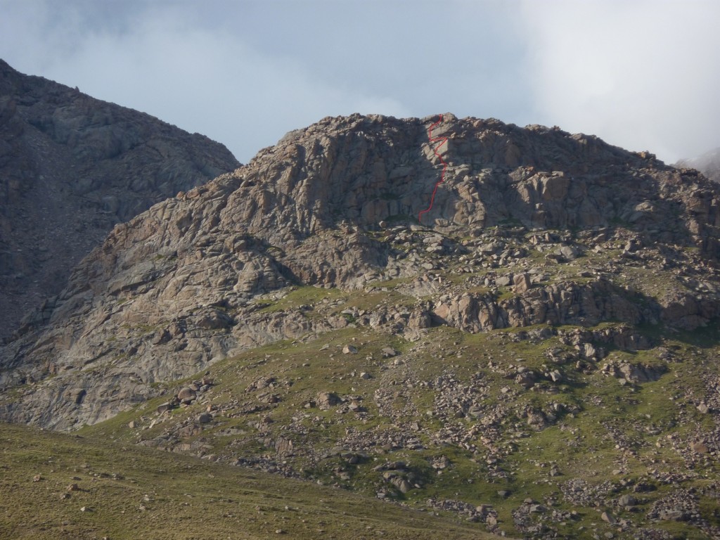 Crag on the West ridge of Peak 4272. Red line shows the line Maria and I took, which we called Fixon - roughly 90m, and around S 4b. Will, John & Claire climbed a different line further left, with about 120m of scrambling followed by a pitch of Severe.