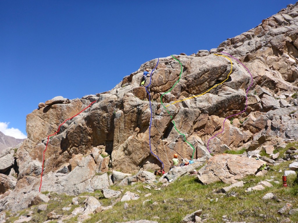 We spent our last day in the mountains climbing on some crags at the Western end of Srnicova Peak, at about 3800m. Routes from the left are Europhile Crack (S), No To Brexit (HVS 5a), Ferguson's Flake (HS 4a), Farewell Farage (VS 4c) and Limba's Shuffle (HS 4a).