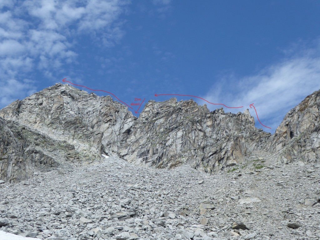 NE Ridge of Cacciabella North Peak -according to the guidebook this was a 100m route, but ased on this picture, using the 25m abseil for scale, I'd say it was about 350m!!