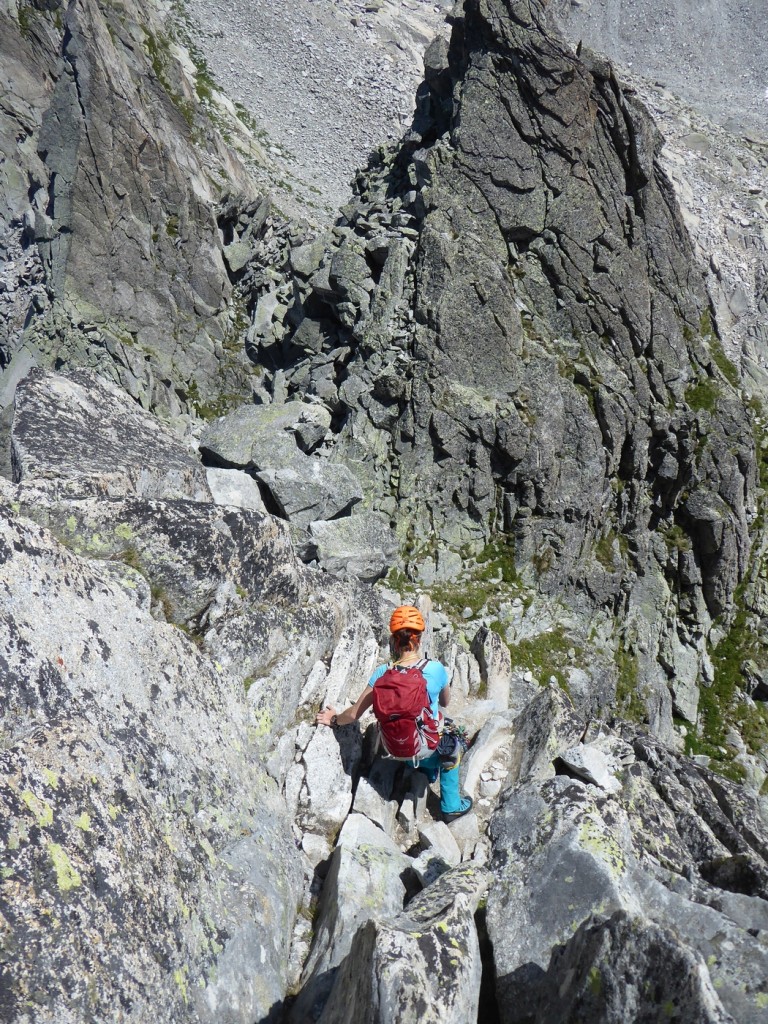 Scrambling down the normal route from the summit